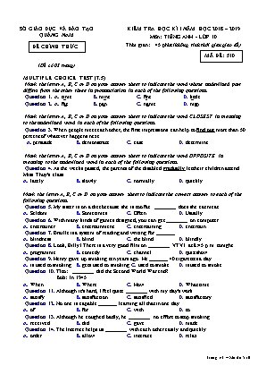 Đề kiểm tra học kỳ I môn Tiếng Anh Lớp 10 - Mã đề 510 - Năm học 2018-2019 - Sở giáo dục và đào tạo Quảng Nam